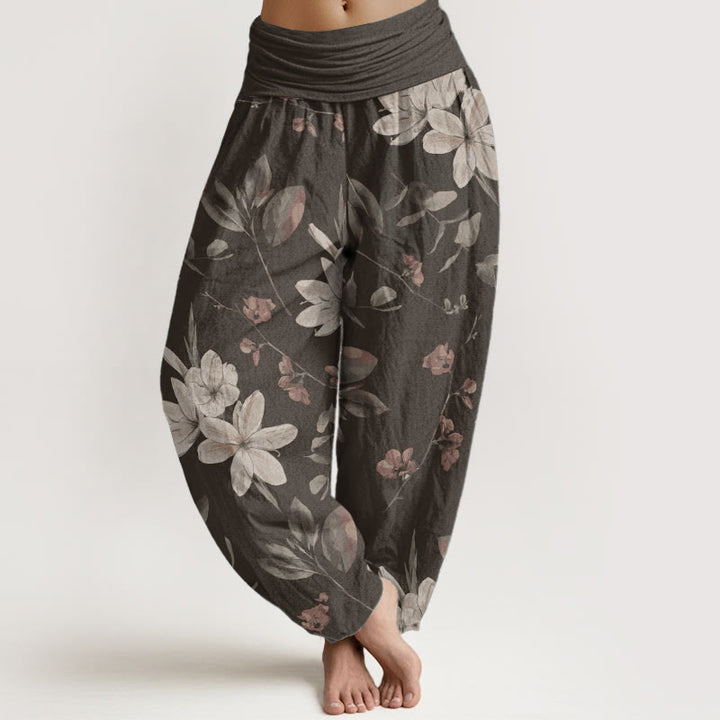 Buddha Stones Damen Haremshose aus reiner Baumwolle mit Blumenmuster und Blättern, elastischer Bund
