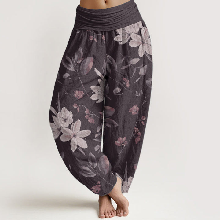 Buddha Stones Damen Haremshose aus reiner Baumwolle mit Blumenmuster und Blättern, elastischer Bund