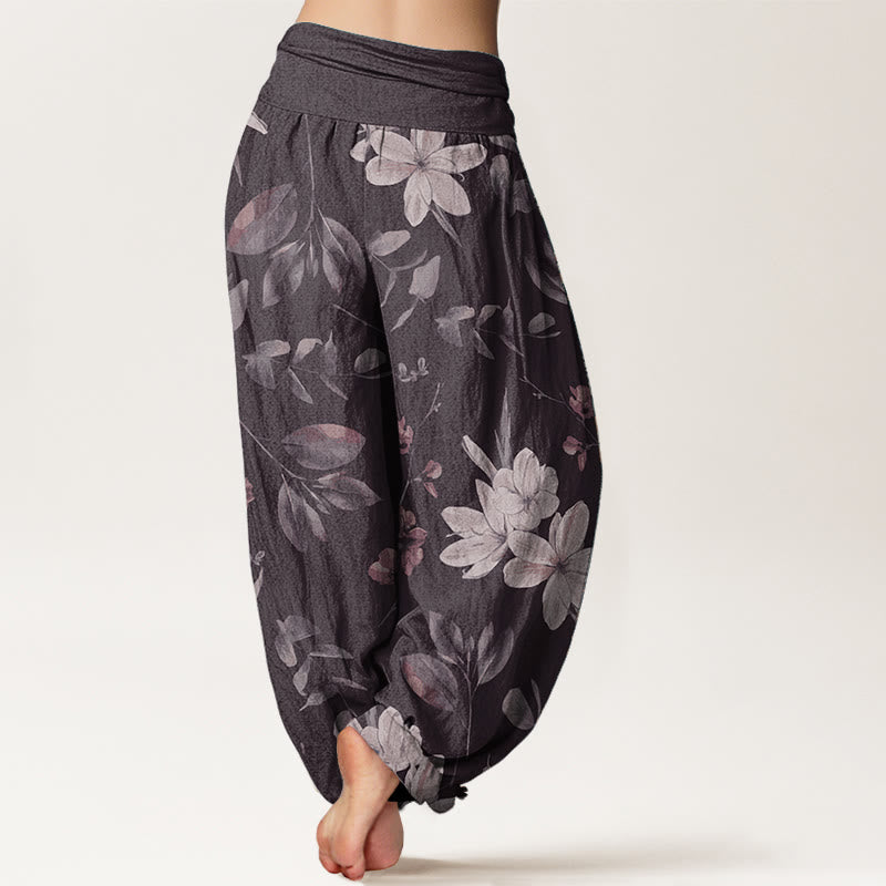 Buddha Stones Damen Haremshose aus reiner Baumwolle mit Blumenmuster und Blättern, elastischer Bund