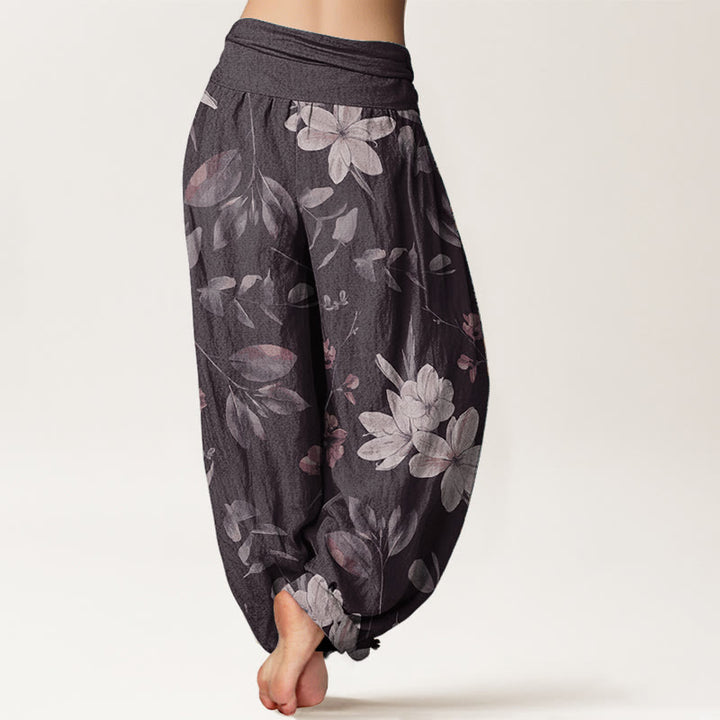 Buddha Stones Damen Haremshose aus reiner Baumwolle mit Blumenmuster und Blättern, elastischer Bund