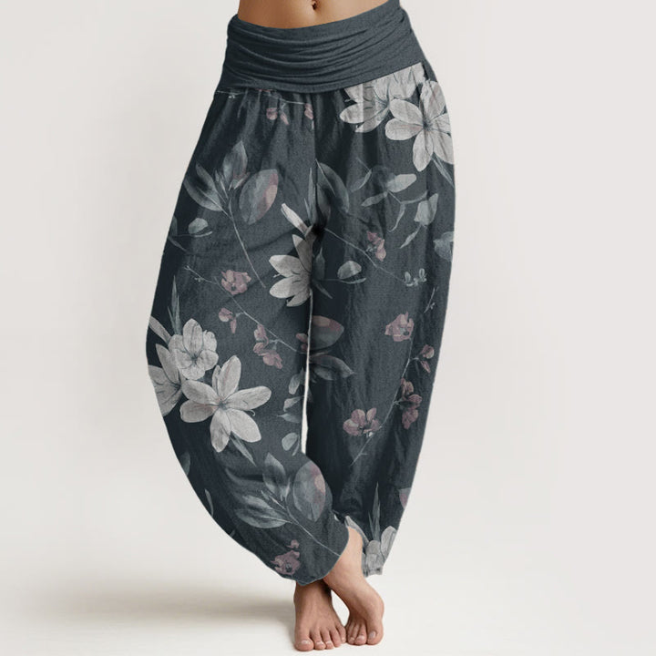 Buddha Stones Damen Haremshose aus reiner Baumwolle mit Blumenmuster und Blättern, elastischer Bund
