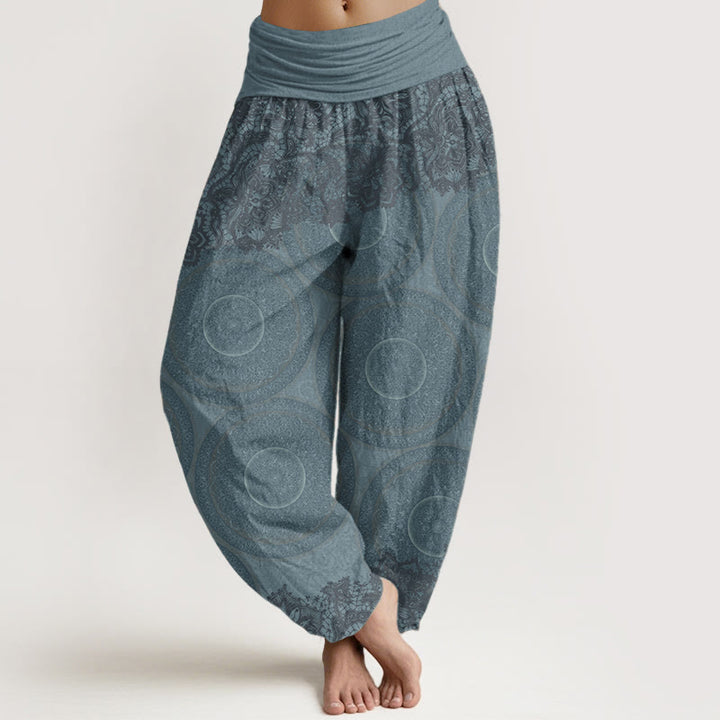 Buddha Stones Damen Haremshose aus reiner Baumwolle mit Blumen-Kompass-Design und elastischer Taille