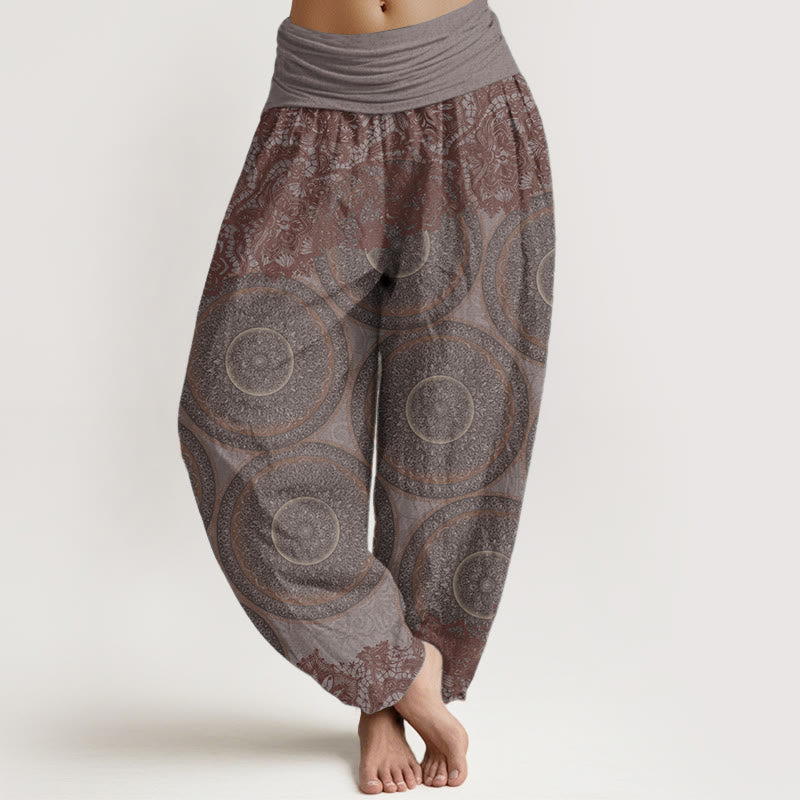 Buddha Stones Damen Haremshose aus reiner Baumwolle mit Blumen-Kompass-Design und elastischer Taille