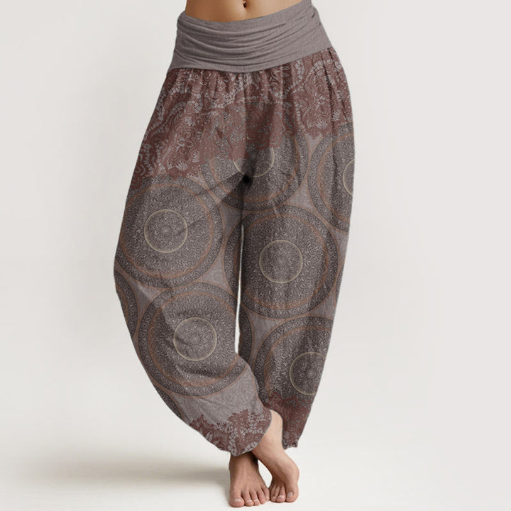 Buddha Stones Damen Haremshose aus reiner Baumwolle mit Blumen-Kompass-Design und elastischer Taille