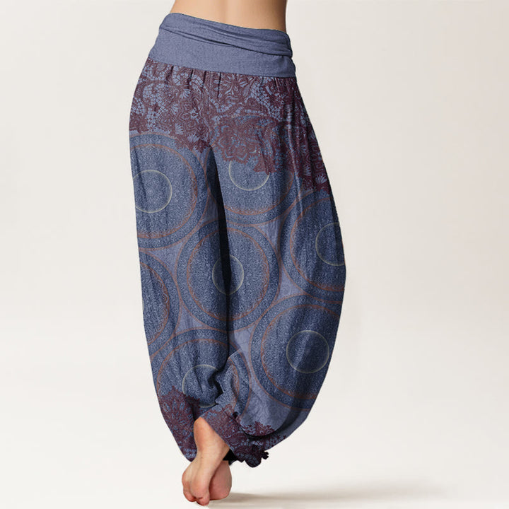 Buddha Stones Damen Haremshose aus reiner Baumwolle mit Blumen-Kompass-Design und elastischer Taille