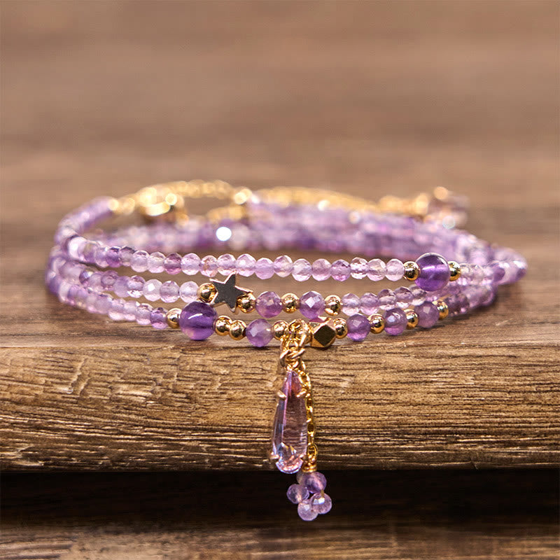 Buddha Stones Natürlicher Amethyst Wassertropfen Stern Meditation Dreifach Wickelarmband