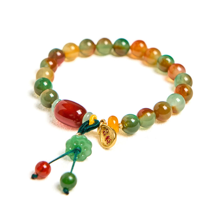Buddha Stones Natürlicher bunter Pfauenachat Chalcedon Ruyi As One Wishes Charm Courage Armband