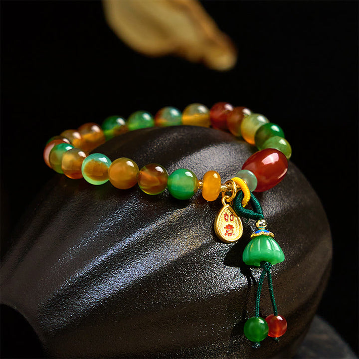 Buddha Stones Natürlicher bunter Pfauenachat Chalcedon Ruyi As One Wishes Charm Courage Armband