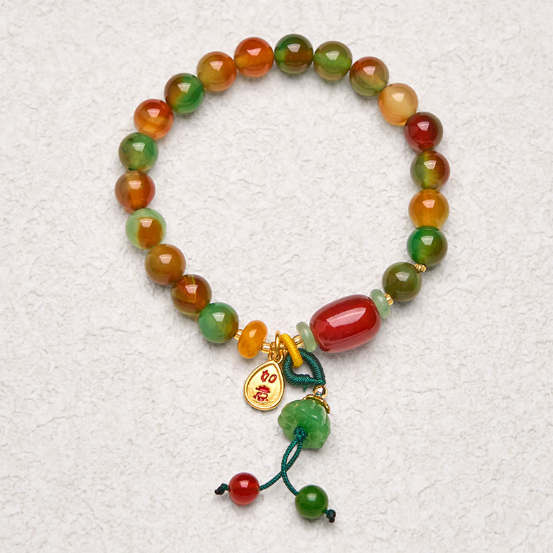 Buddha Stones Natürlicher bunter Pfauenachat Chalcedon Ruyi As One Wishes Charm Courage Armband