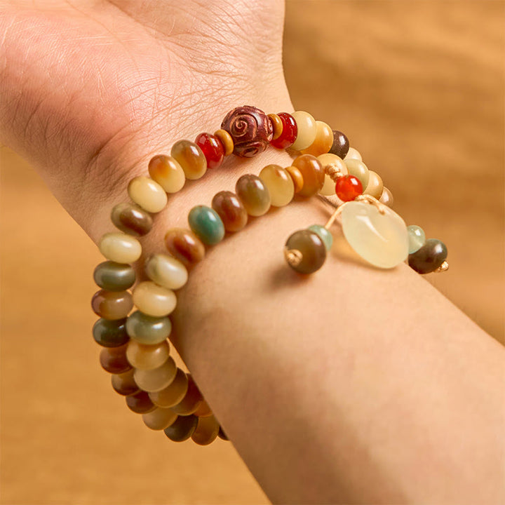 Buddha Stones, bunt, Bodhi-Samen, Peace Lock Charm, Weisheit, Abakus-Perlen, Doppel-Wickelarmband