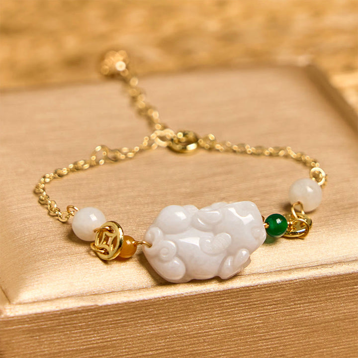Buddha Stones Natur Jade PiXiu Geschnitztes Kupfermünzen-Glückskettenarmband