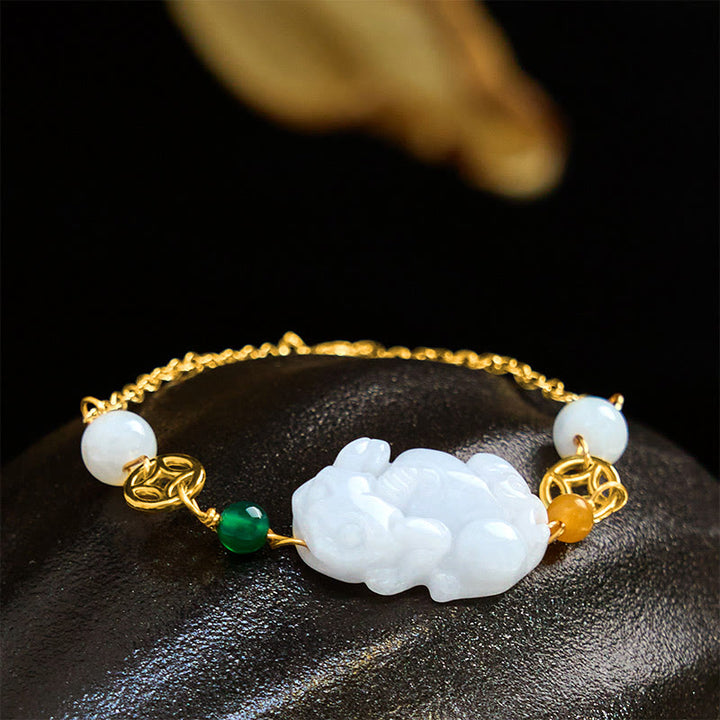 Buddha Stones Natur Jade PiXiu Geschnitztes Kupfermünzen-Glückskettenarmband