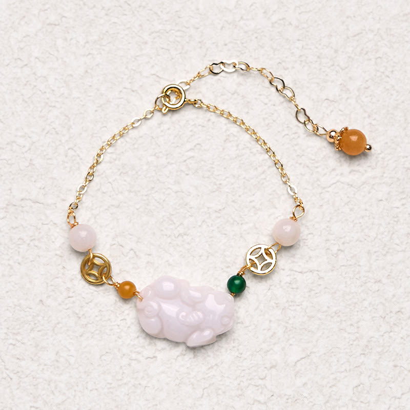 Buddha Stones Natur Jade PiXiu Geschnitztes Kupfermünzen-Glückskettenarmband