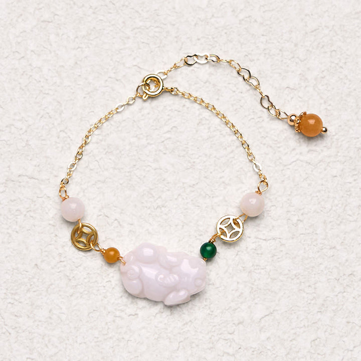 Buddha Stones Natur Jade PiXiu Geschnitztes Kupfermünzen-Glückskettenarmband