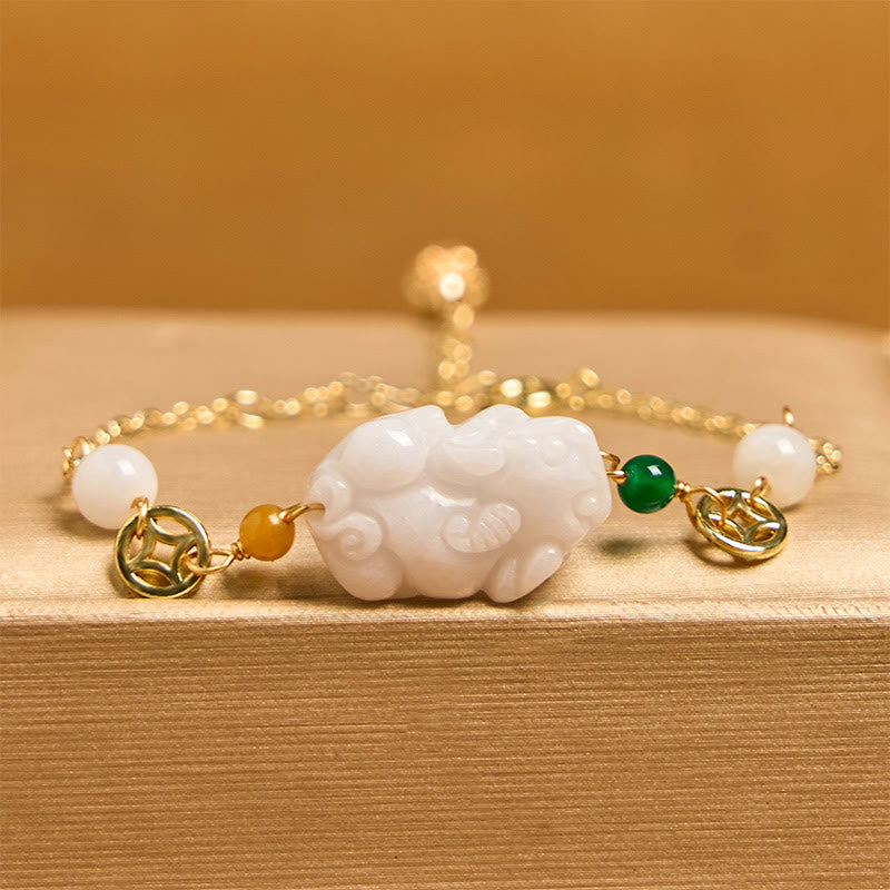 Buddha Stones Natur Jade PiXiu Geschnitztes Kupfermünzen-Glückskettenarmband