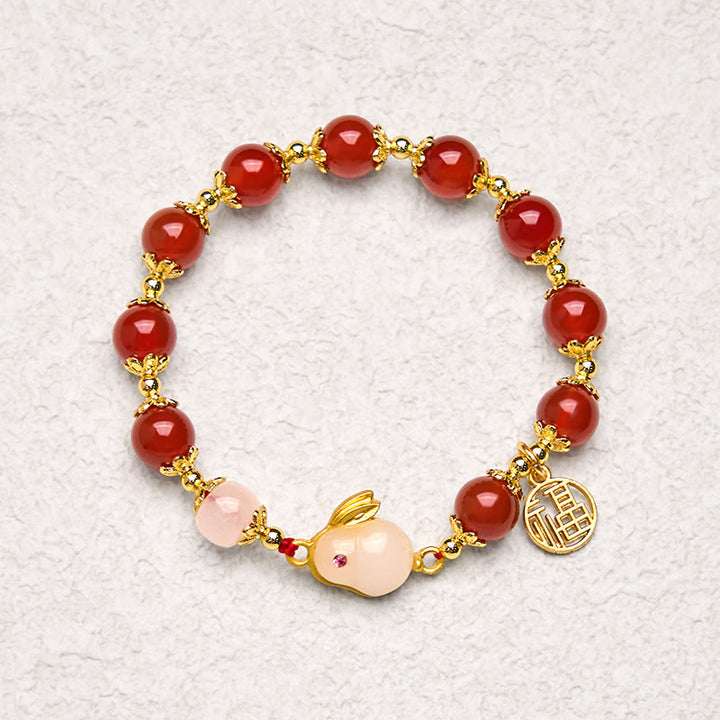 Buddha Stones Armband mit rotem Achat und Chalcedon, Kaninchen-Fu-Charakter, Vertrauen