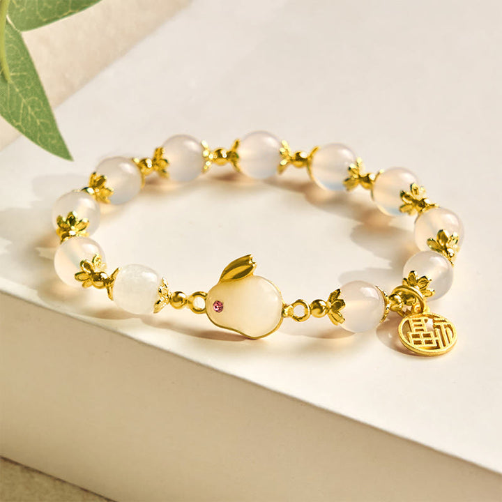 Buddha Stones Armband mit rotem Achat und Chalcedon, Kaninchen-Fu-Charakter, Vertrauen