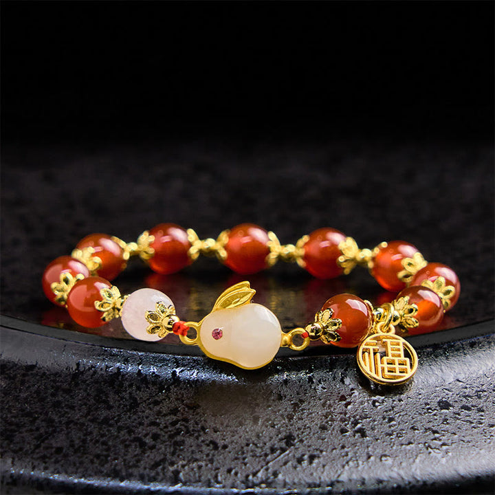 Buddha Stones Armband mit rotem Achat und Chalcedon, Kaninchen-Fu-Charakter, Vertrauen