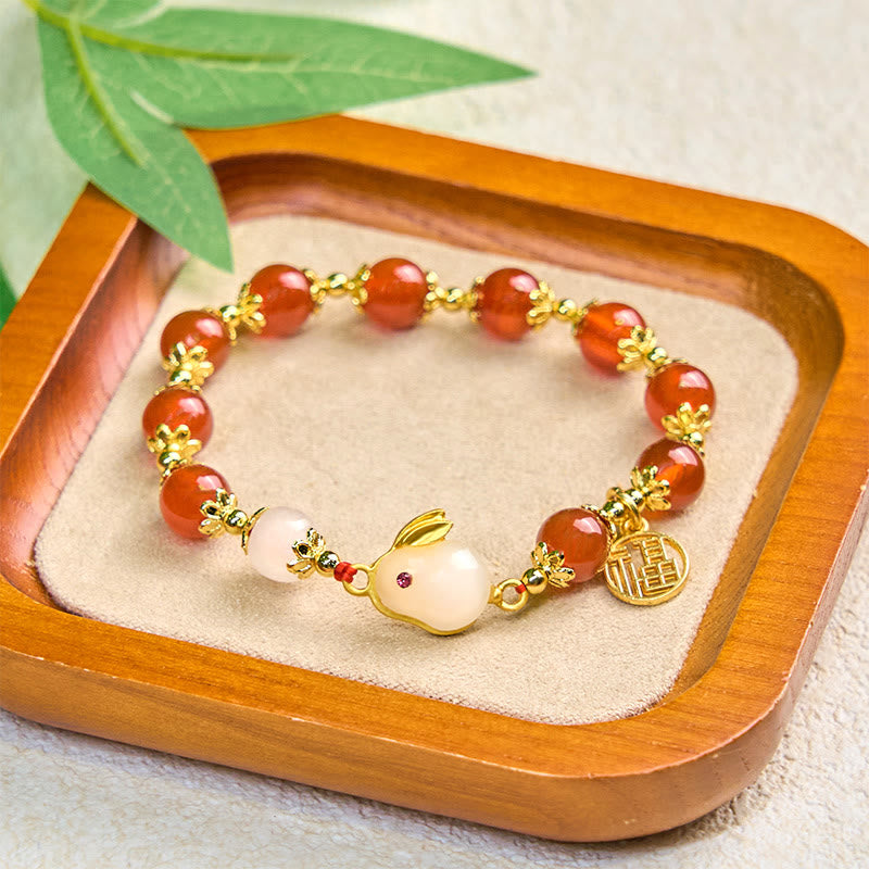 Buddha Stones Armband mit rotem Achat und Chalcedon, Kaninchen-Fu-Charakter, Vertrauen