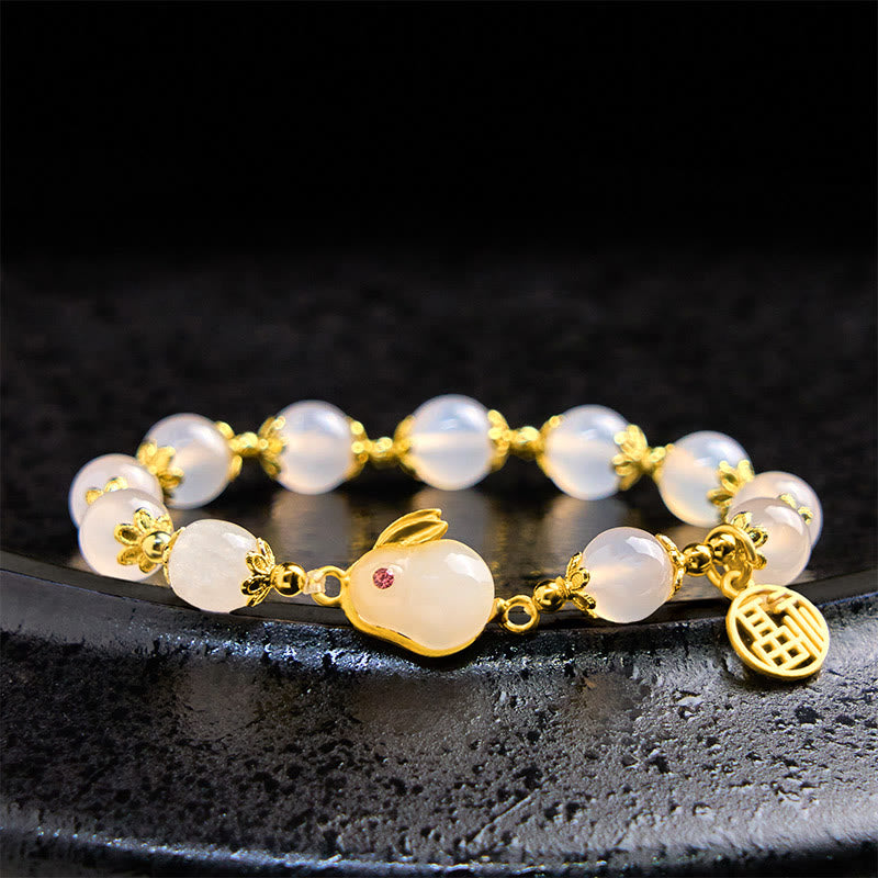 Buddha Stones Armband mit rotem Achat und Chalcedon, Kaninchen-Fu-Charakter, Vertrauen