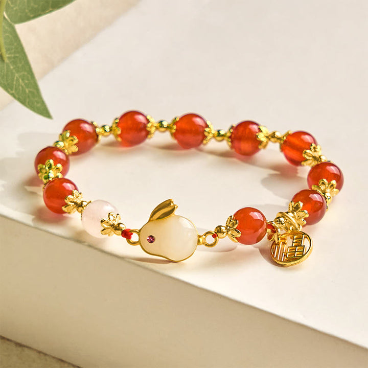 Buddha Stones Armband mit rotem Achat und Chalcedon, Kaninchen-Fu-Charakter, Vertrauen