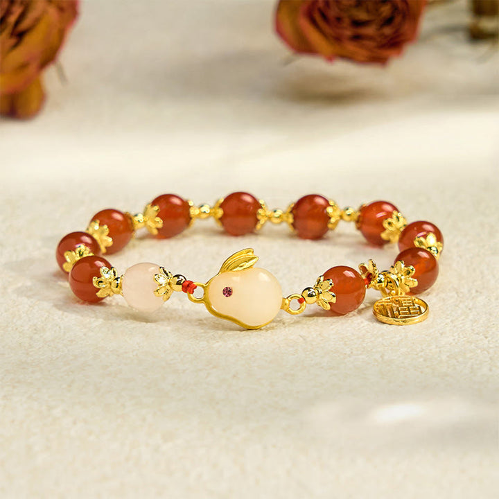 Buddha Stones Armband mit rotem Achat und Chalcedon, Kaninchen-Fu-Charakter, Vertrauen