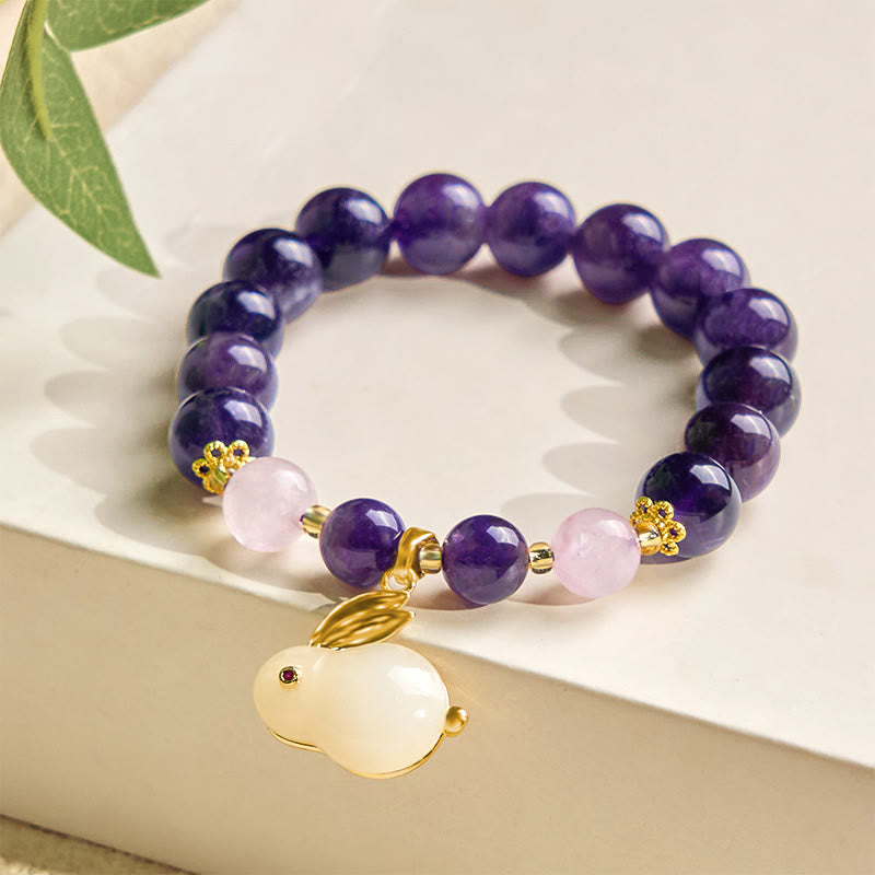 Buddha Stones Armband mit natürlichen Amethyst-Kaninchenperlen und innerem Frieden