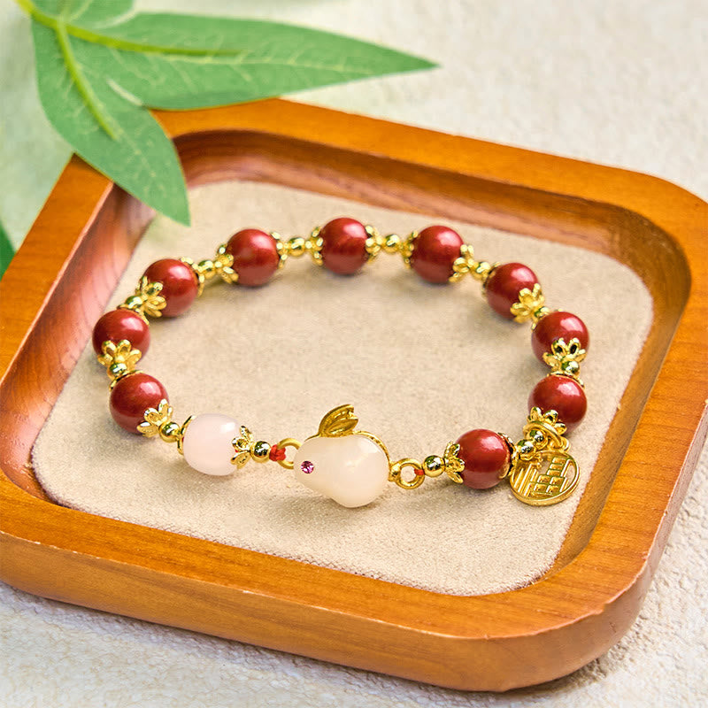 Buddha Stones Zinnober süße Kaninchen Bunny Fu Charakter Charm Segen Armband