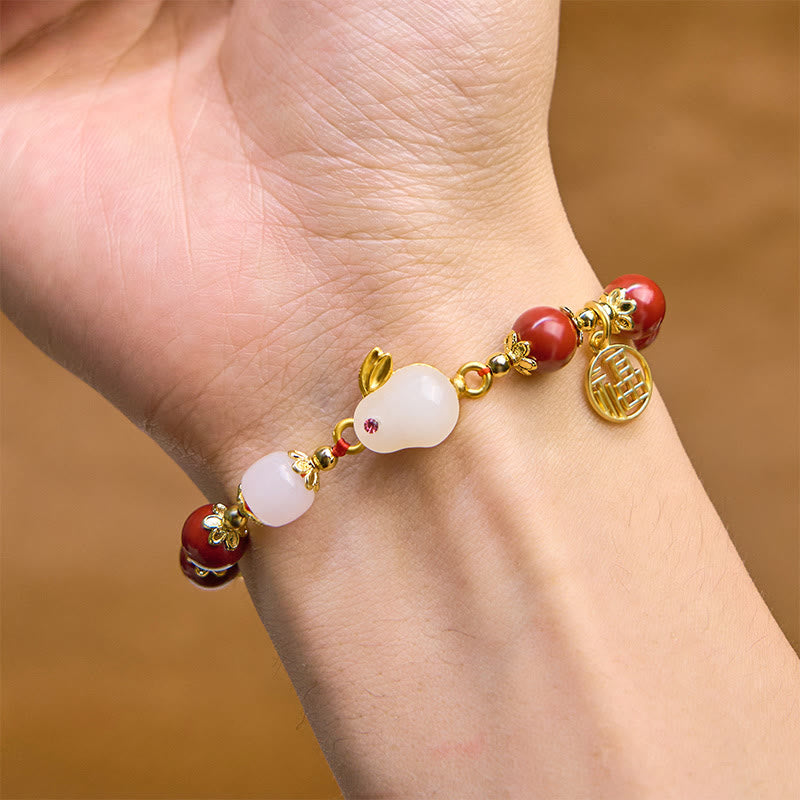 Buddha Stones Zinnober süße Kaninchen Bunny Fu Charakter Charm Segen Armband