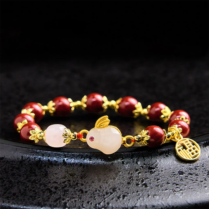 Buddha Stones Zinnober süße Kaninchen Bunny Fu Charakter Charm Segen Armband