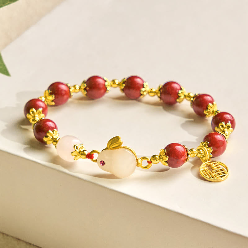 Buddha Stones Zinnober süße Kaninchen Bunny Fu Charakter Charm Segen Armband