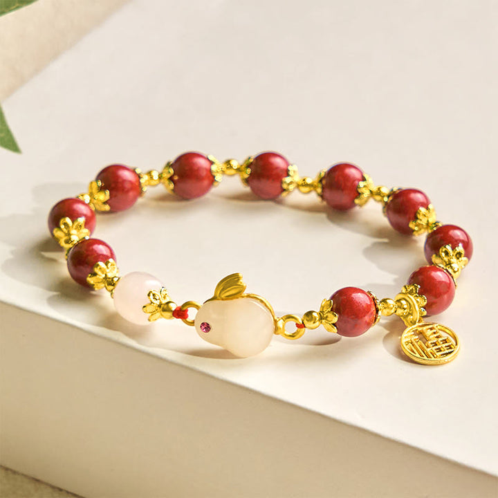 Buddha Stones Zinnober süße Kaninchen Bunny Fu Charakter Charm Segen Armband