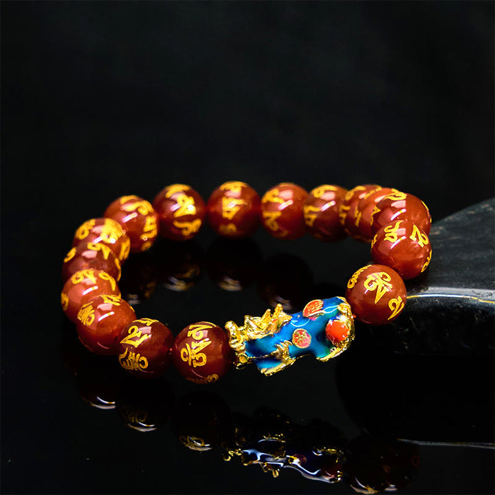 Buddha Stones, roter Achat, Farbwechsel, PiXiu, Om Mani Padme Hum, Ruhe-Armband