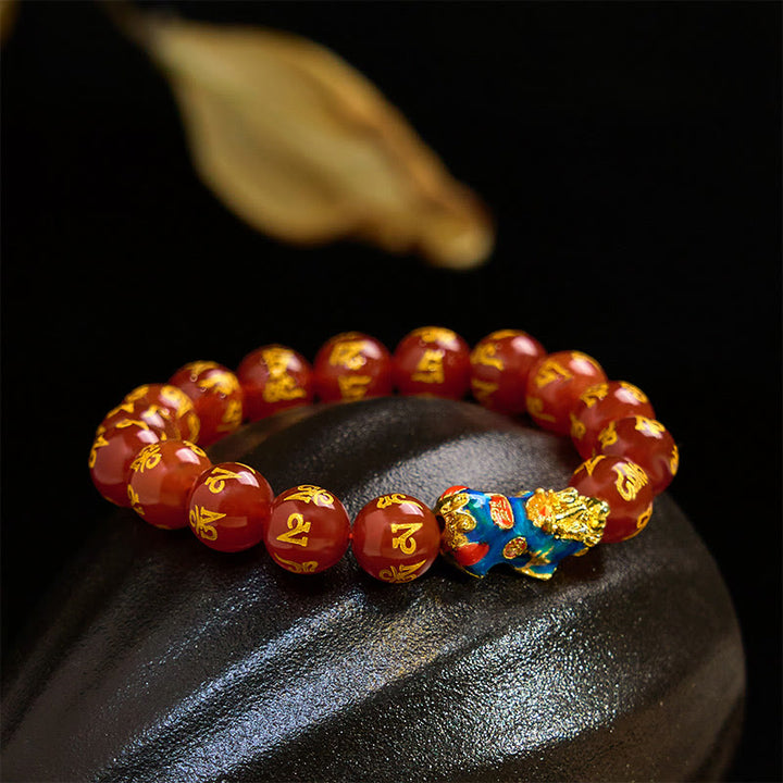 Buddha Stones, roter Achat, Farbwechsel, PiXiu, Om Mani Padme Hum, Ruhe-Armband