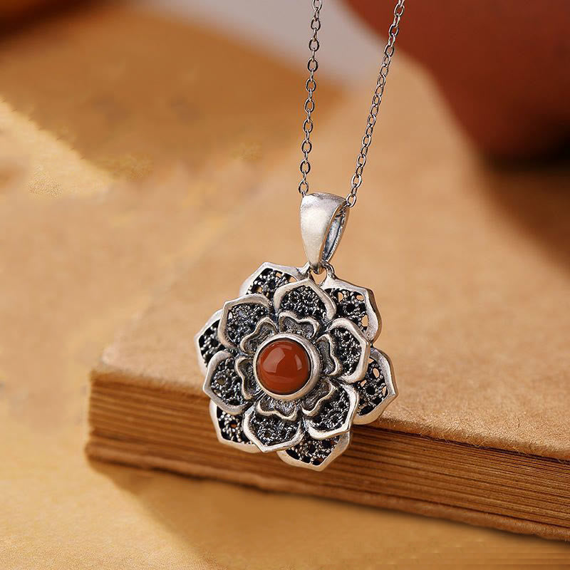 Buddha Stones ​​Tibetischen Om Mani Padme Hum Lotus Muster Rot Achat Kupfer Peave Halskette Anhänger - Om Mani Padme Hum & Lotus - image 1