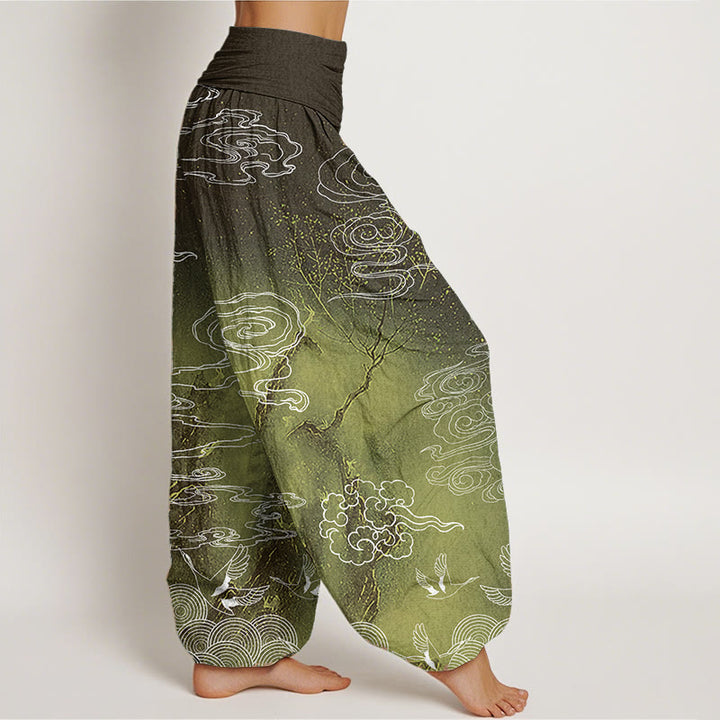 Buddha Stones, reine Baumwolle, weiß, glückverheißende Wolken, Vögel, Baummuster, Damen-Haremshose mit elastischer Taille