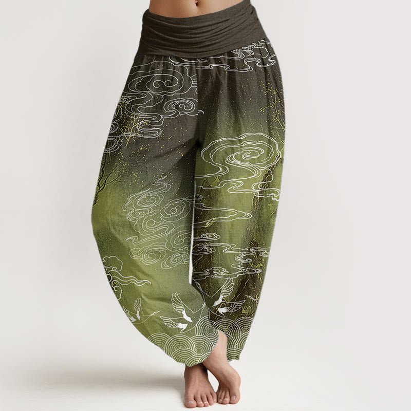 Buddha Stones, reine Baumwolle, weiß, glückverheißende Wolken, Vögel, Baummuster, Damen-Haremshose mit elastischer Taille