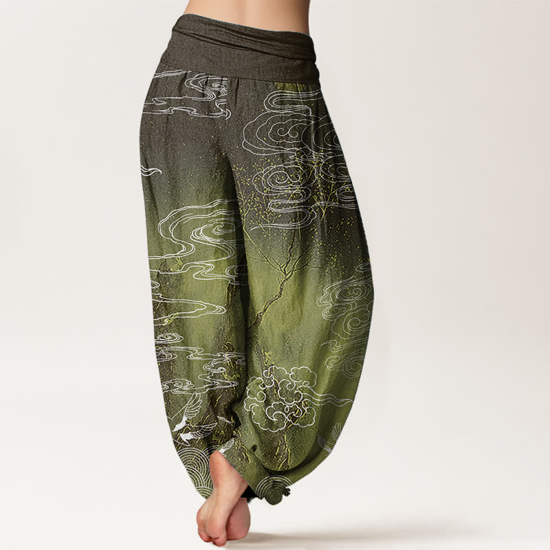 Buddha Stones, reine Baumwolle, weiß, glückverheißende Wolken, Vögel, Baummuster, Damen-Haremshose mit elastischer Taille