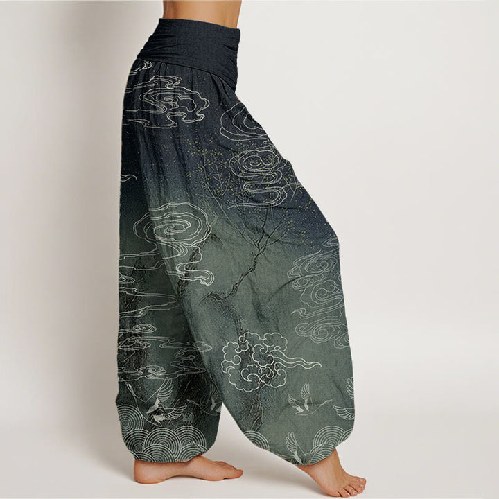 Buddha Stones, reine Baumwolle, weiß, glückverheißende Wolken, Vögel, Baummuster, Damen-Haremshose mit elastischer Taille