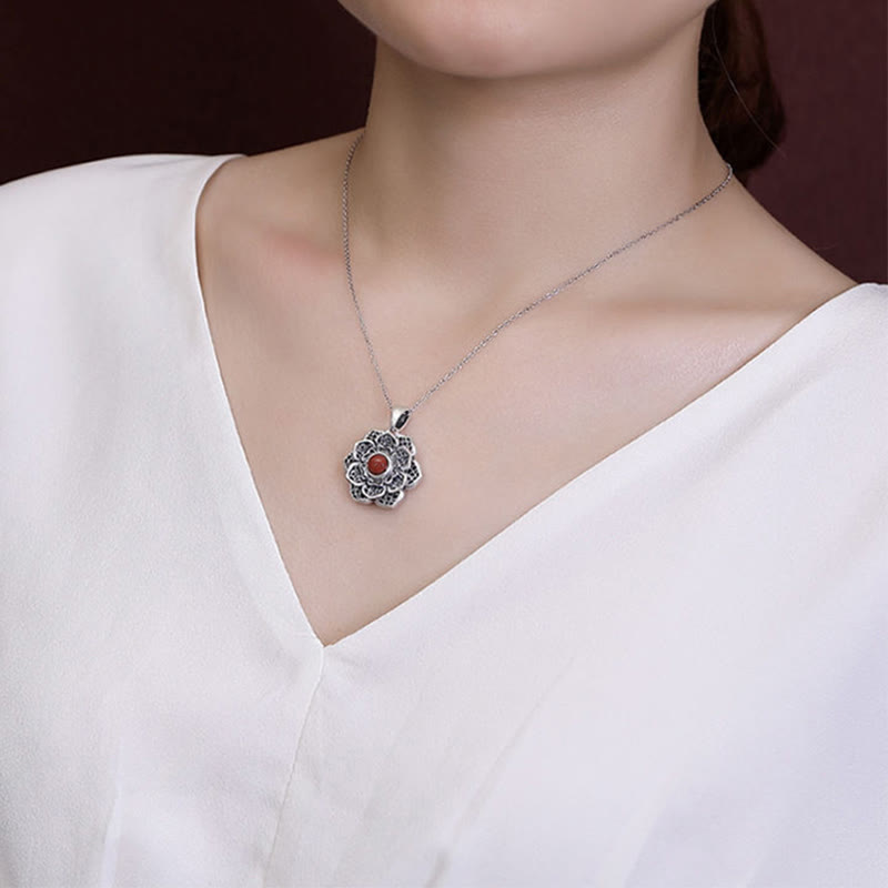 Buddha Stones ​​Tibetischen Om Mani Padme Hum Lotus Muster Rot Achat Kupfer Peave Halskette Anhänger - image 5