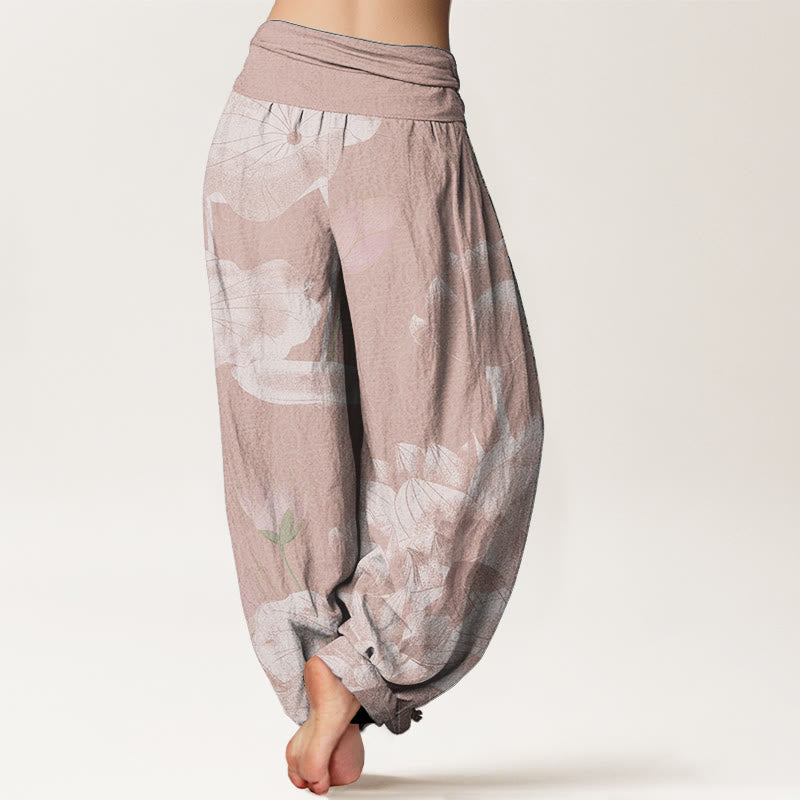 Buddha Stones Damen-Haremshose aus reiner Baumwolle mit elastischer Taille, rosa und weiß, Lotus