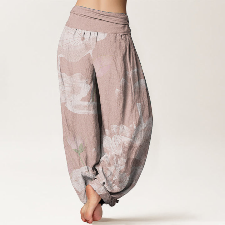 Buddha Stones Damen-Haremshose aus reiner Baumwolle mit elastischer Taille, rosa und weiß, Lotus