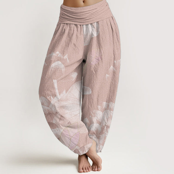 Buddha Stones Damen-Haremshose aus reiner Baumwolle mit elastischer Taille, rosa und weiß, Lotus