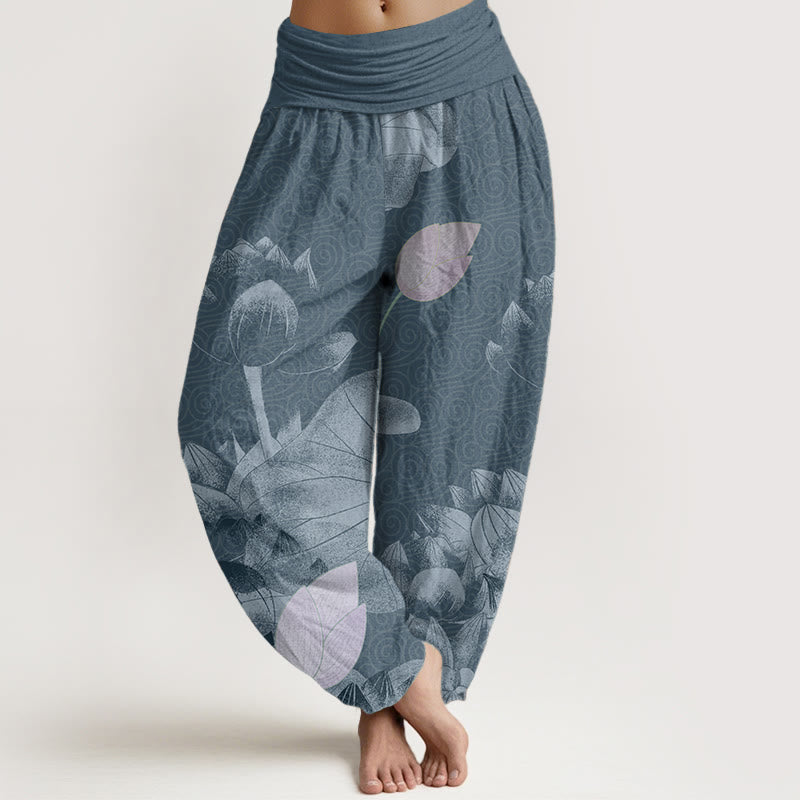 Buddha Stones Damen-Haremshose aus reiner Baumwolle mit elastischer Taille, rosa und weiß, Lotus