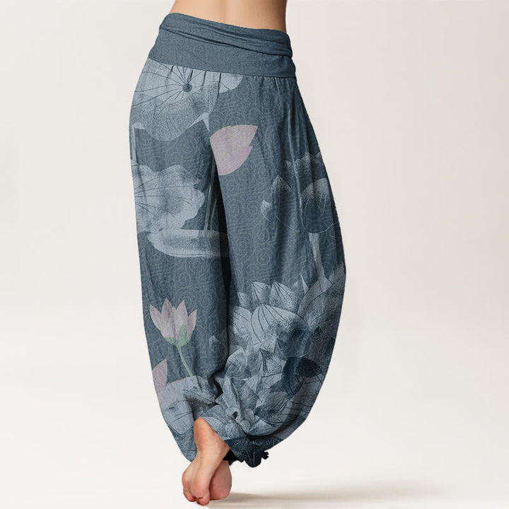 Buddha Stones Damen-Haremshose aus reiner Baumwolle mit elastischer Taille, rosa und weiß, Lotus