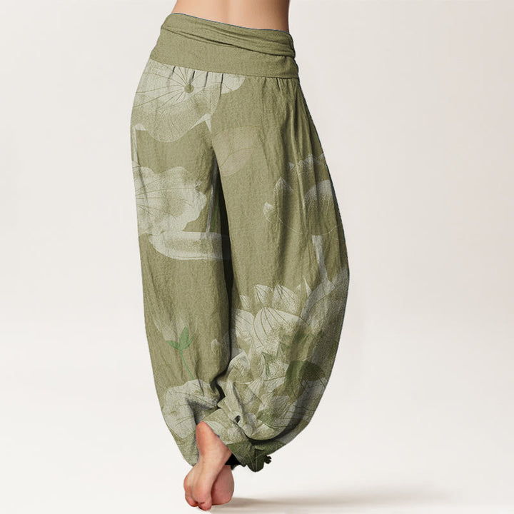 Buddha Stones Damen-Haremshose aus reiner Baumwolle mit elastischer Taille, rosa und weiß, Lotus