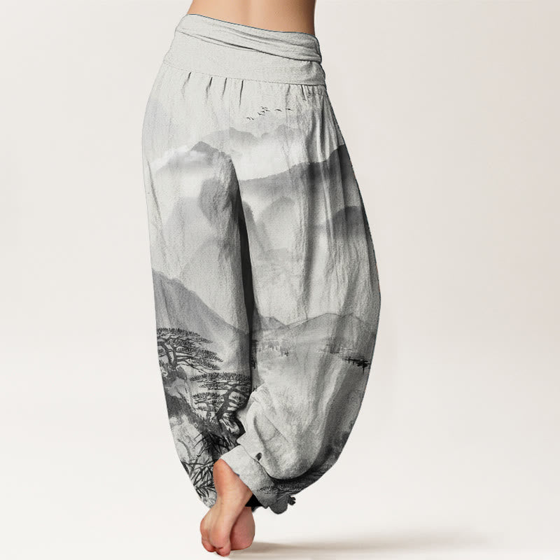 Buddha Stones, reine Baumwolle, Berge, Bäume, Landschaft, Tuschemalerei, Damen-Haremshose mit elastischer Taille
