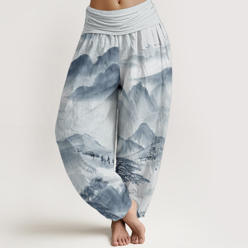 Buddha Stones, reine Baumwolle, Berge, Bäume, Landschaft, Tuschemalerei, Damen-Haremshose mit elastischer Taille - Hellblau - US22, UK/AU26, EU54 (6XL) - image 5
