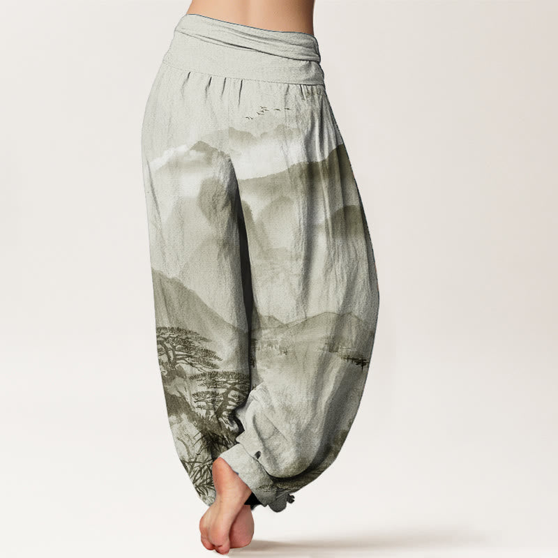 Buddha Stones, reine Baumwolle, Berge, Bäume, Landschaft, Tuschemalerei, Damen-Haremshose mit elastischer Taille