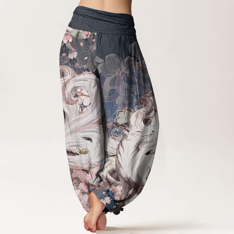 Buddha Stones Damen-Haremshose aus reiner Baumwolle mit Fuchs-Kirschblüten und elastischer Taille